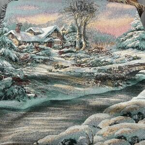 Vtg Mohawk Home Winter Scene Tapestry Throw Blanket Cottage House Snow 48"x55"